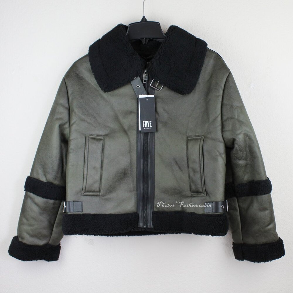 NEW Frye Water Resistant Faux Leather Shearling Aviator Outdoor Jacket Coat